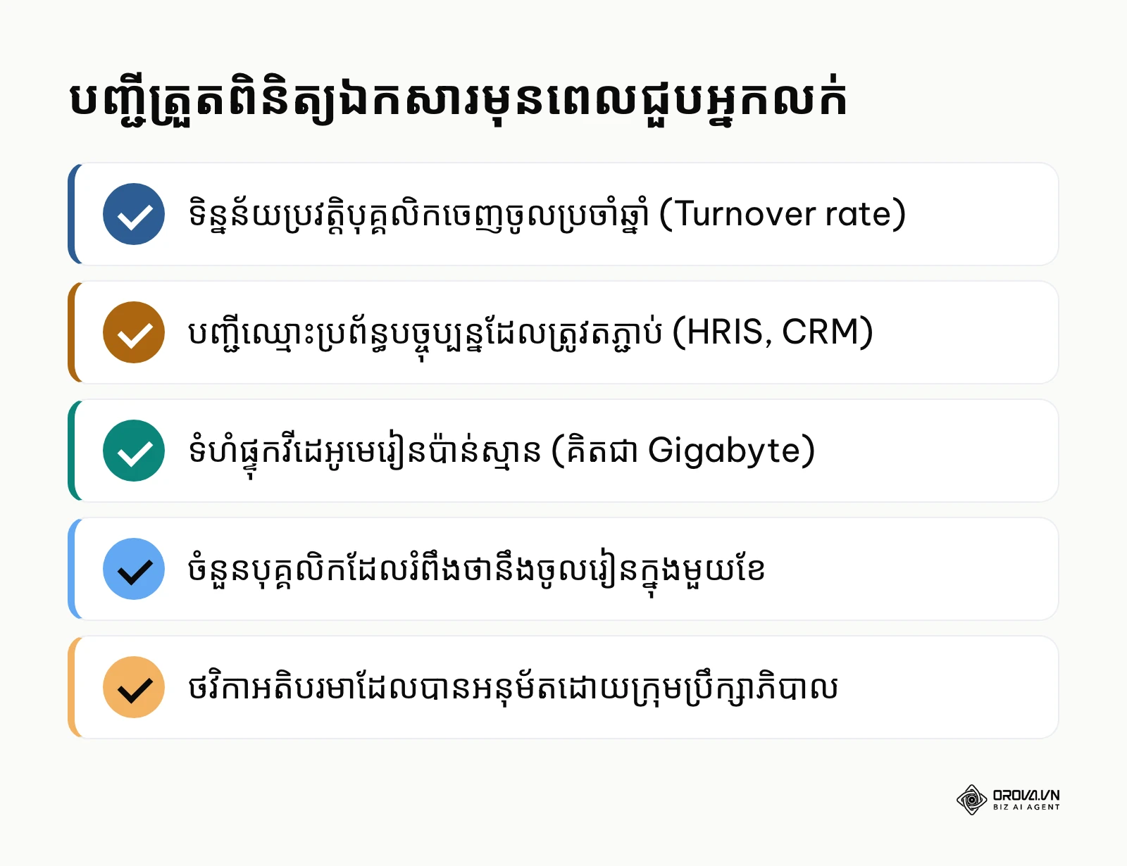 បញ្ជីត្រួតពិនិត្យនូវអ្វីដែលត្រូវរៀបចំមុនពេលវាយតម្លៃតម្លៃ LMS ដូចជាទិន្នន័យបុគ្គលិកនិងបញ្ជីប្រព័ន្ធ។