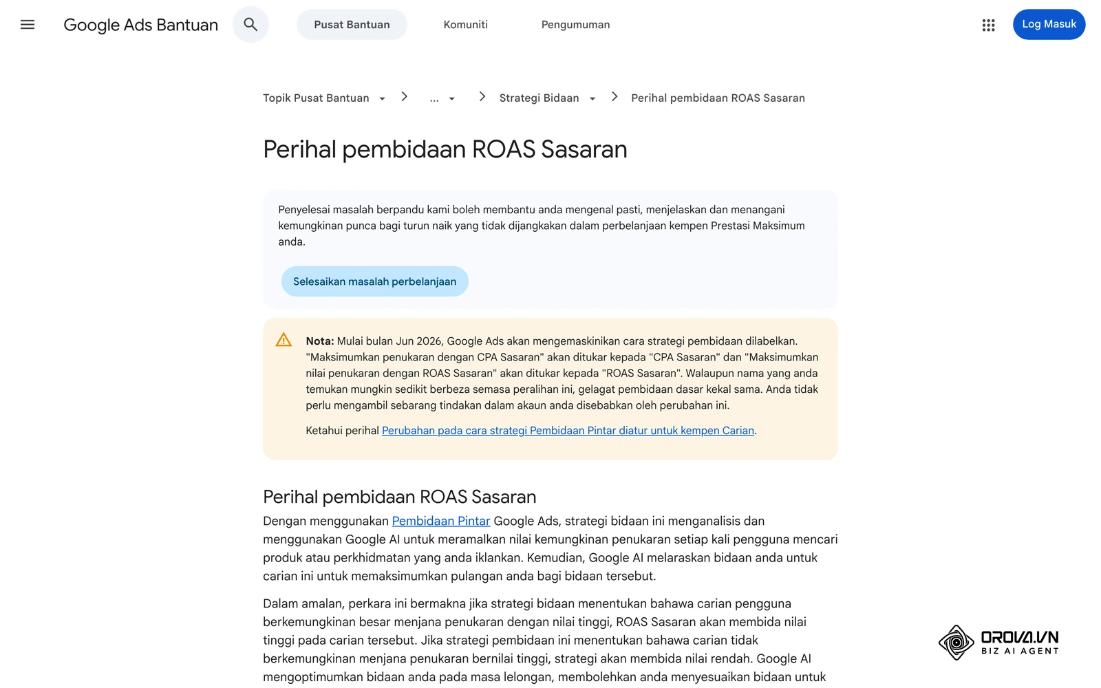 Bantuan Google Ads bahasa Melayu: pembidaan ROAS Sasaran (sebelum Jun 2026 dinamakan "Maksimumkan nilai penukaran dengan ROAS Sasaran").