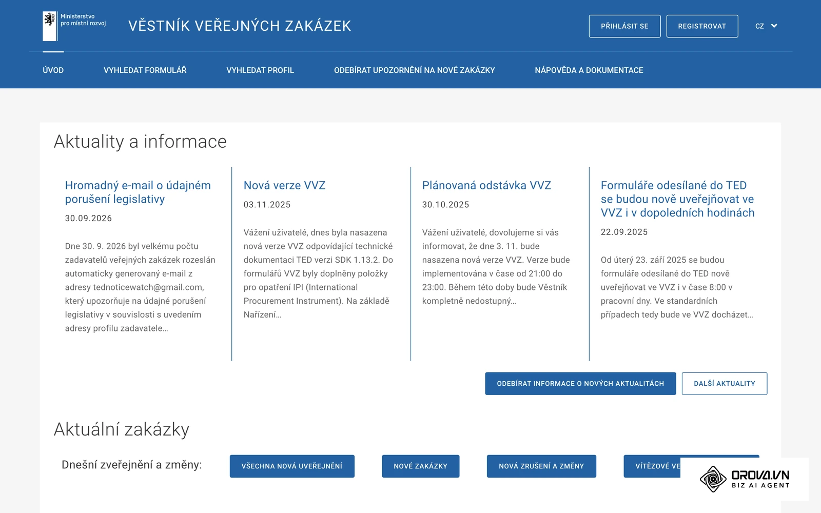 Věstník veřejných zakázek Ministerstva pro místní rozvoj (vvz.nipez.cz) s oznámeními o zakázkách a jejich výsledcích.