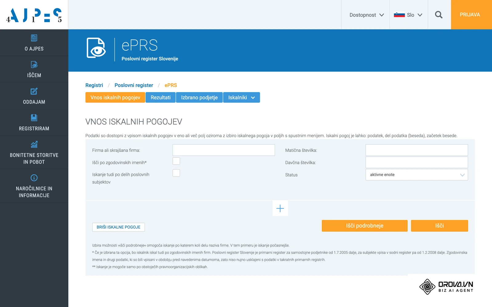 Iskalnik ePRS na portalu AJPES: javni Poslovni register Slovenije, kjer preverite ime, sedež in status podjetja.