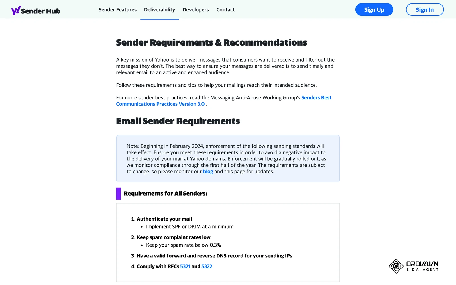Yahoo Sender Hub'daki "Sender Requirements & Recommendations" sayfası: Şubat 2024'ten itibaren tüm göndericilerden SPF/DKIM ve %0,3'ün altında spam oranı istendiğini gösteren resmî kurallar.