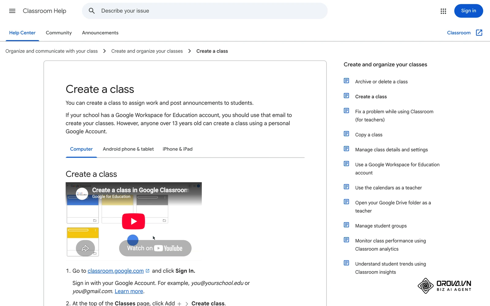 Официалната помощна страница на Google Classroom „Create a class“ (на английски): пример как платформа за обучение събира курсистите на едно място.
