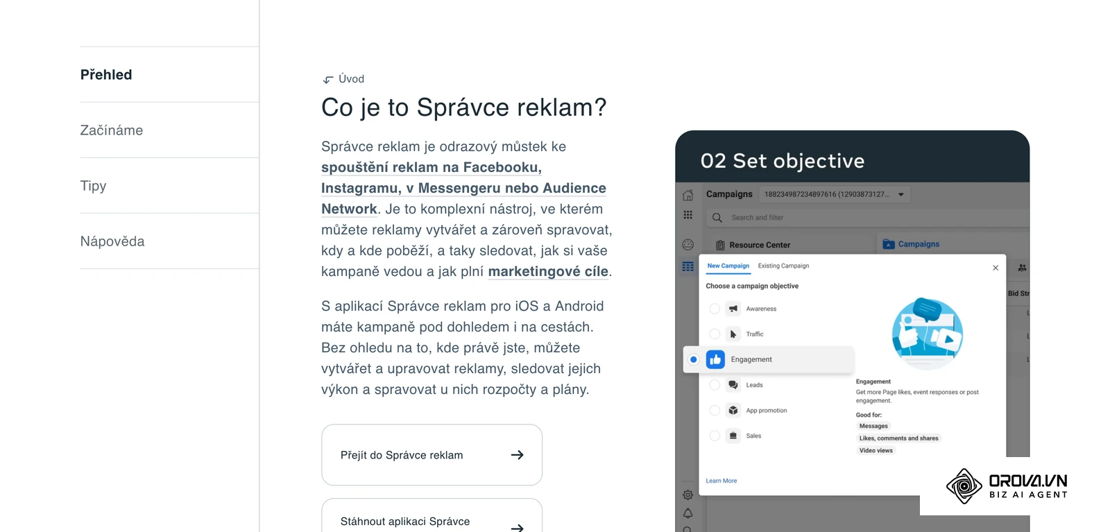 Stránka Meta Správce reklam v češtině: ukázka rozhraní pro výběr cíle kampaně, kde začíná nastavení prodejní kampaně s cílem ROAS.