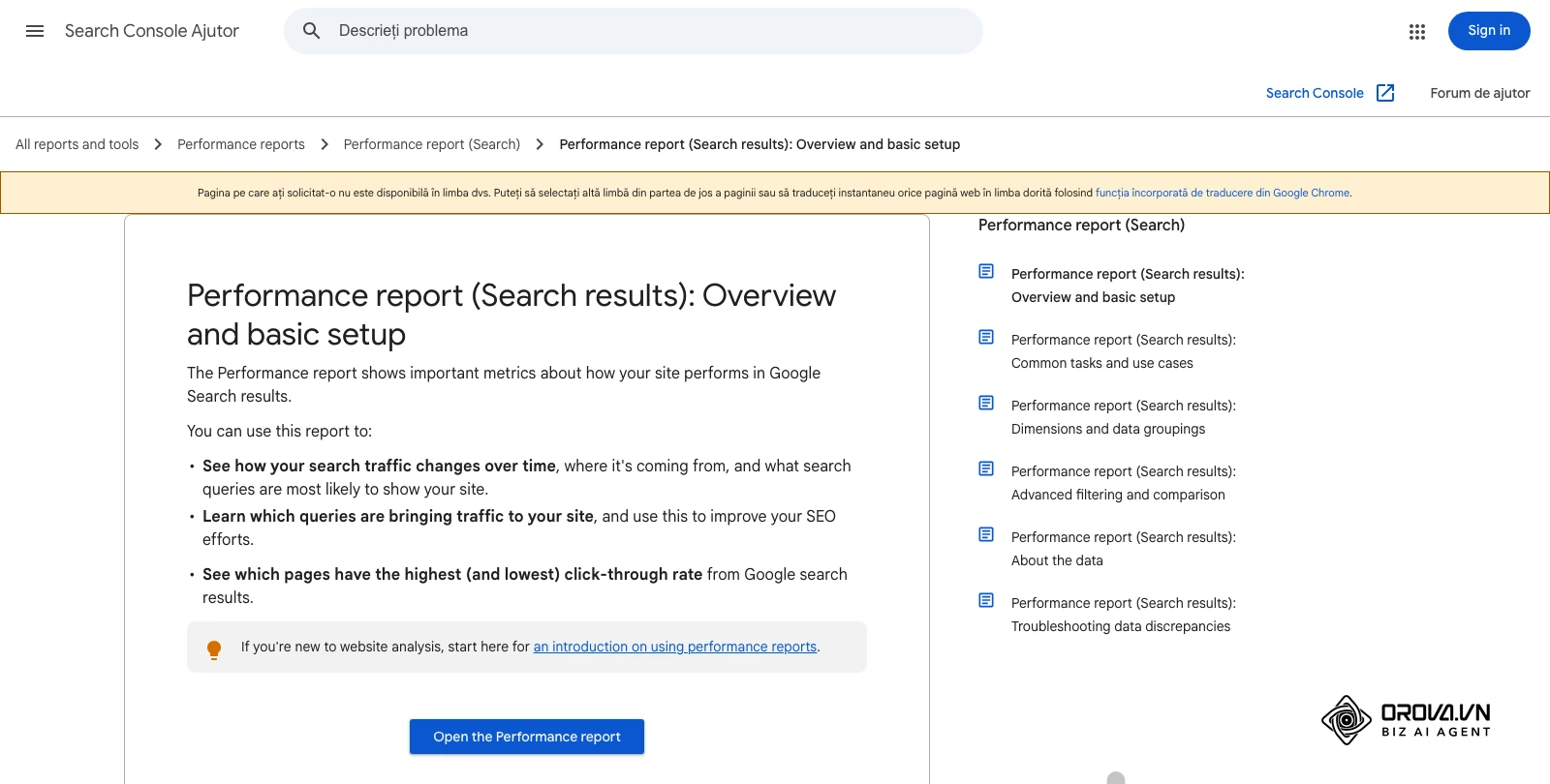 Pagina de ajutor Google Search Console despre raportul Performanță, unde filtrezi interogările după poziție.