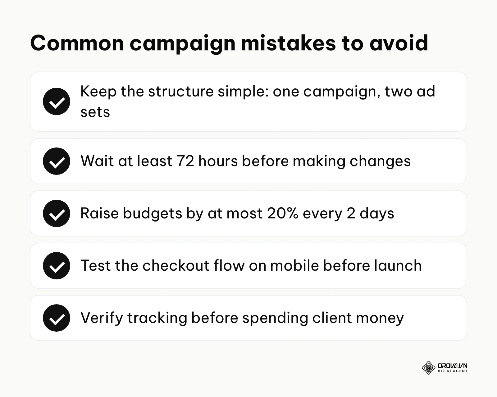 A checklist of habits that prevent common ad campaign mistakes, such as waiting 72 hours before changes.