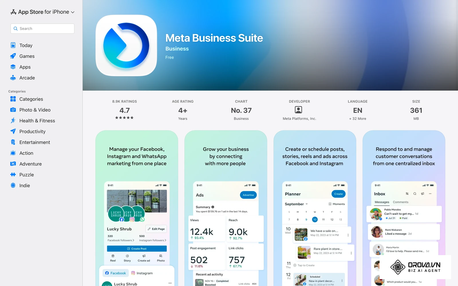 Офіційна сторінка застосунку Meta Business Suite в App Store: на знімках екрана видно, як виглядає планування дописів у застосунку.