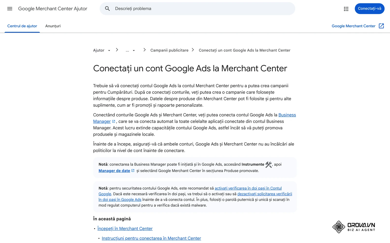 Ajutorul Merchant Center: conectarea unui cont Google Ads din Setări > Acces și servicii > Aplicații și servicii.