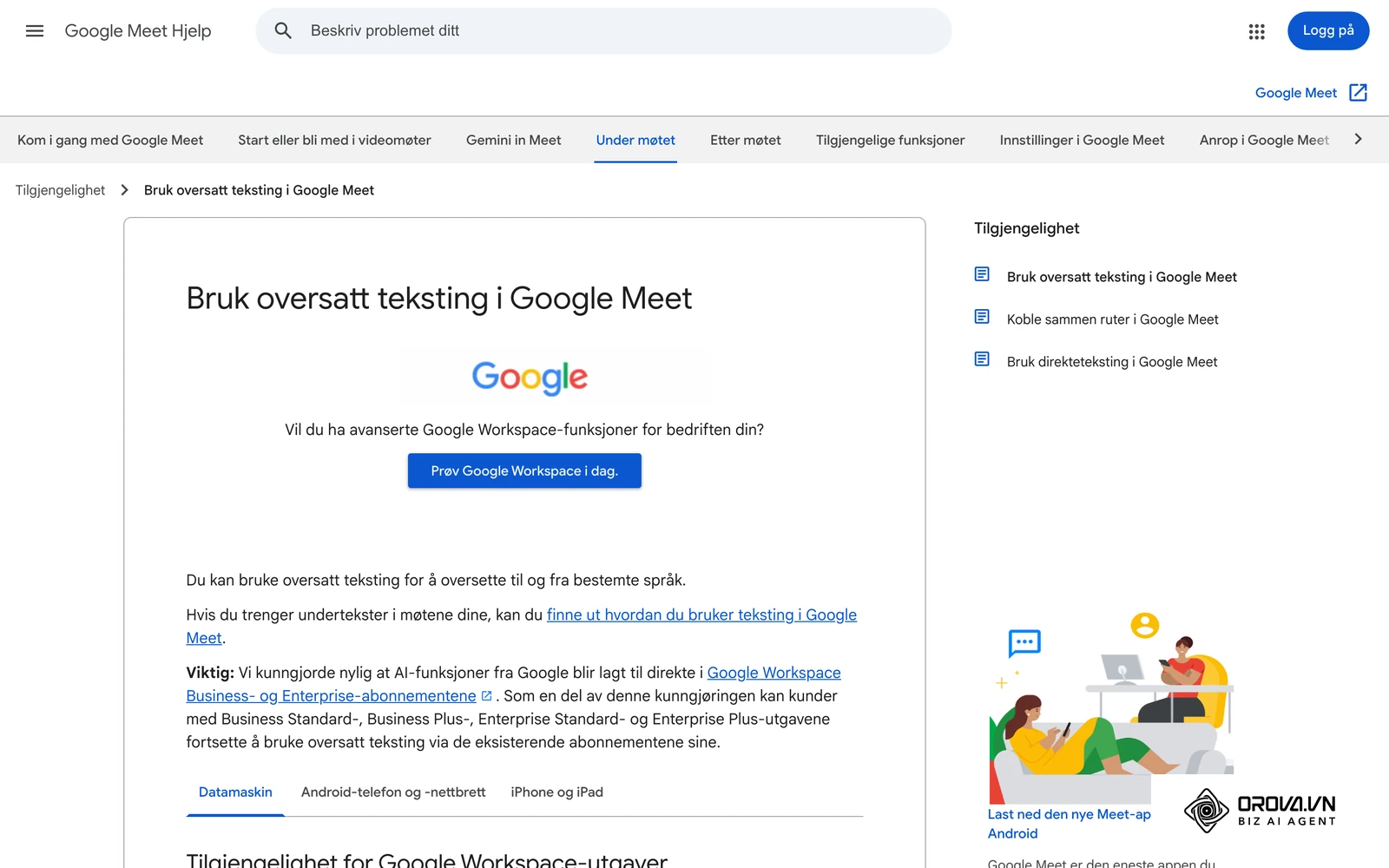 Google Meet sin hjelpeside på norsk om oversatt teksting i videomøter.