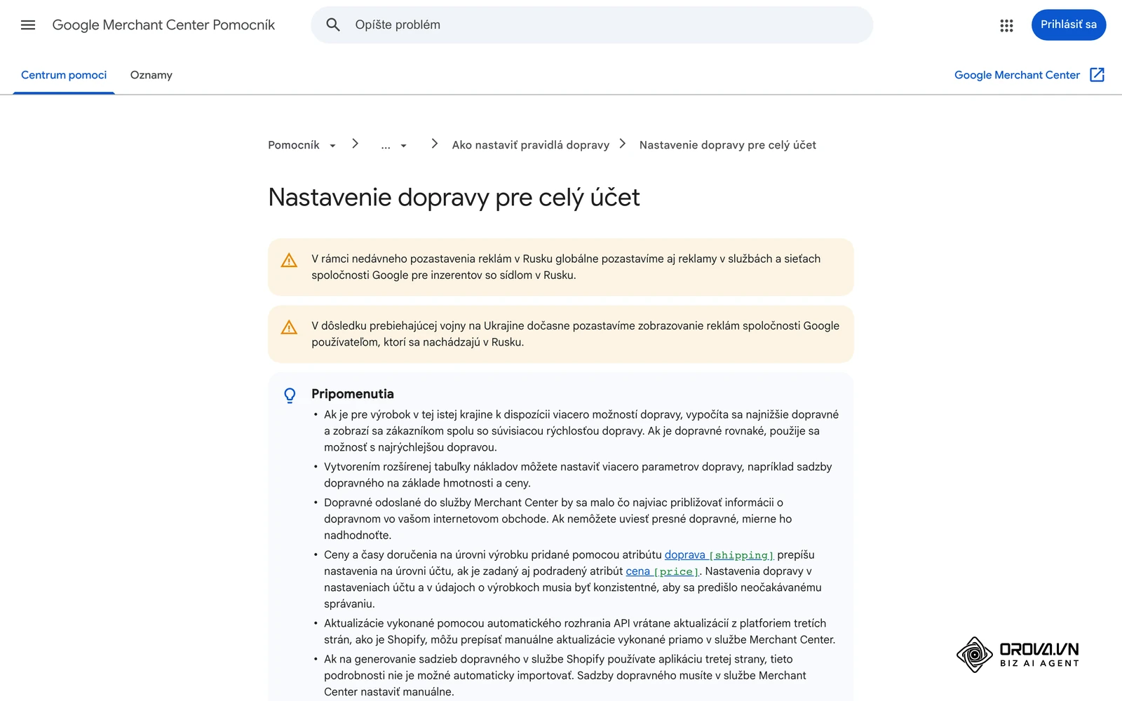 Pomocník Merchant Center: nastavenie dopravy pre celý účet cez Výrobky a obchod > Doprava a vrátenie tovaru.