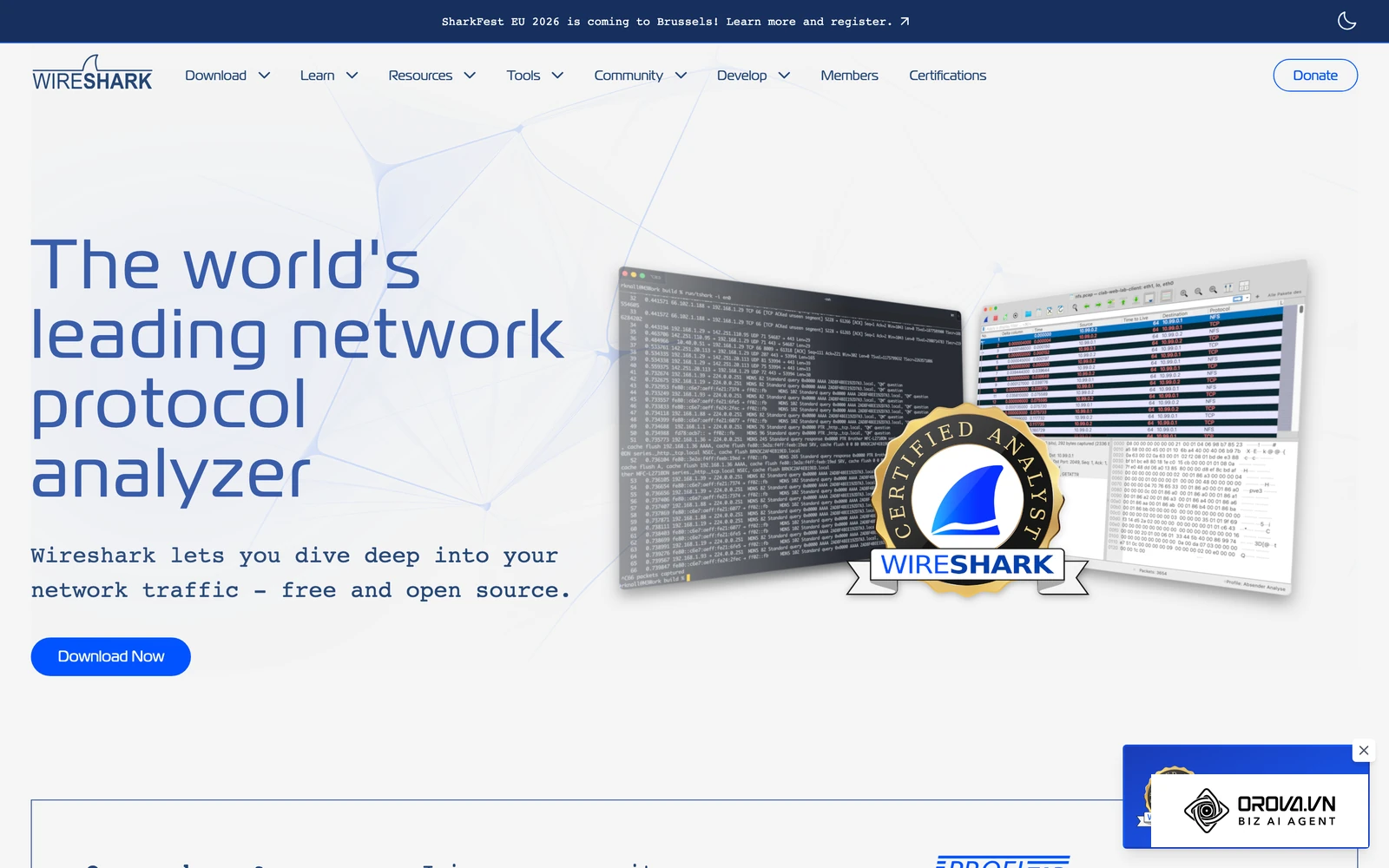 Capture d'écran du site de Wireshark illustrant un outil standard d'analyse de paquets IT.