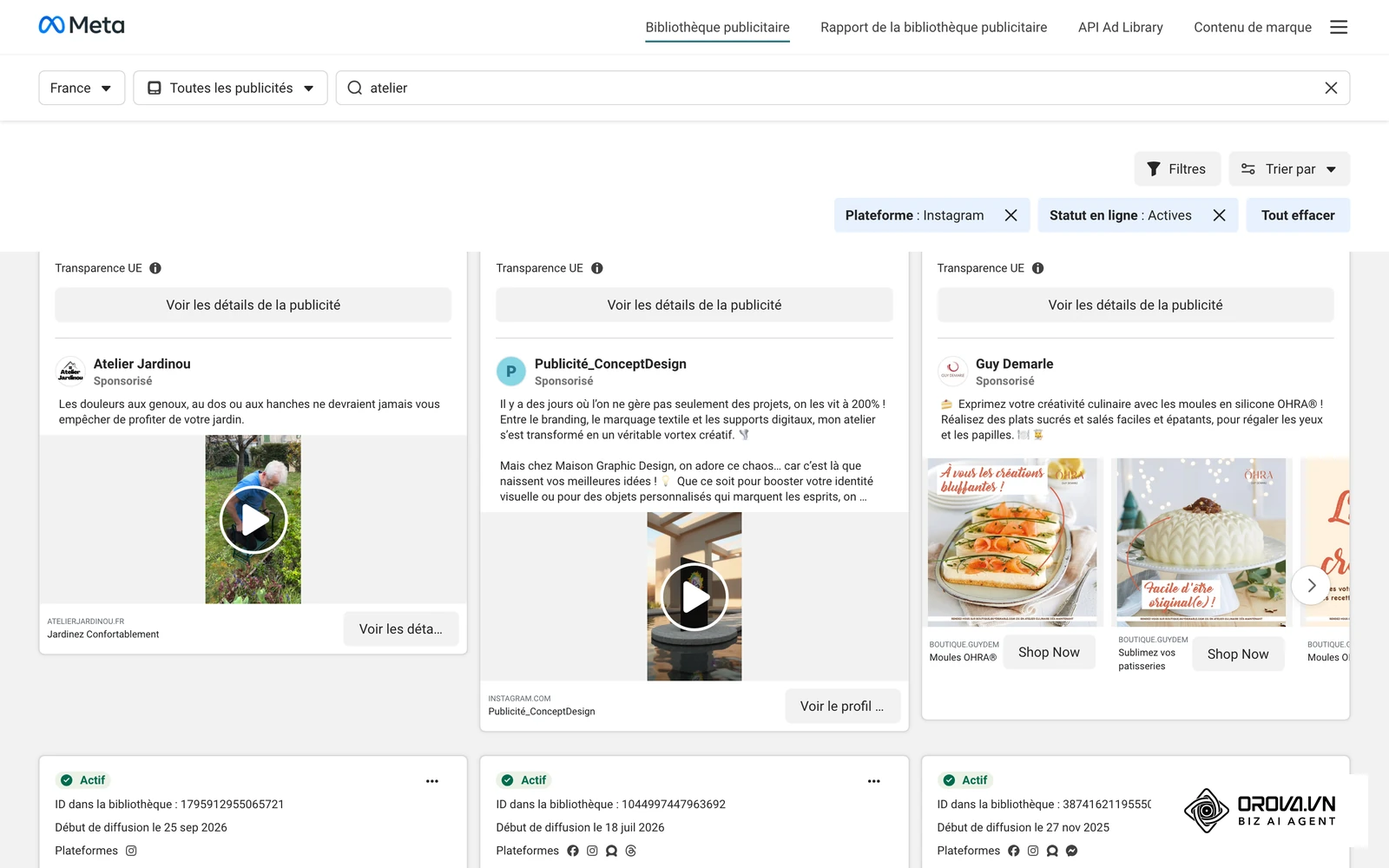 Bibliothèque publicitaire Meta filtrée sur Instagram (France) : accroches, formats et appels à l'action de publications réellement diffusées, à comparer avant de publier.