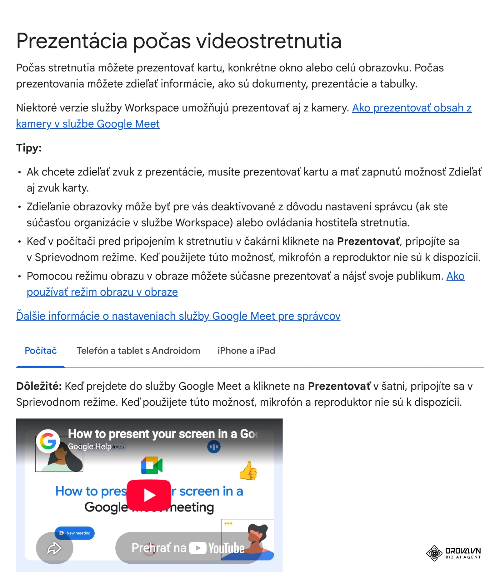 Slovenský Pomocník Google Meet: prezentácia obrazovky, napríklad zdieľanie agendy na úvod porady.