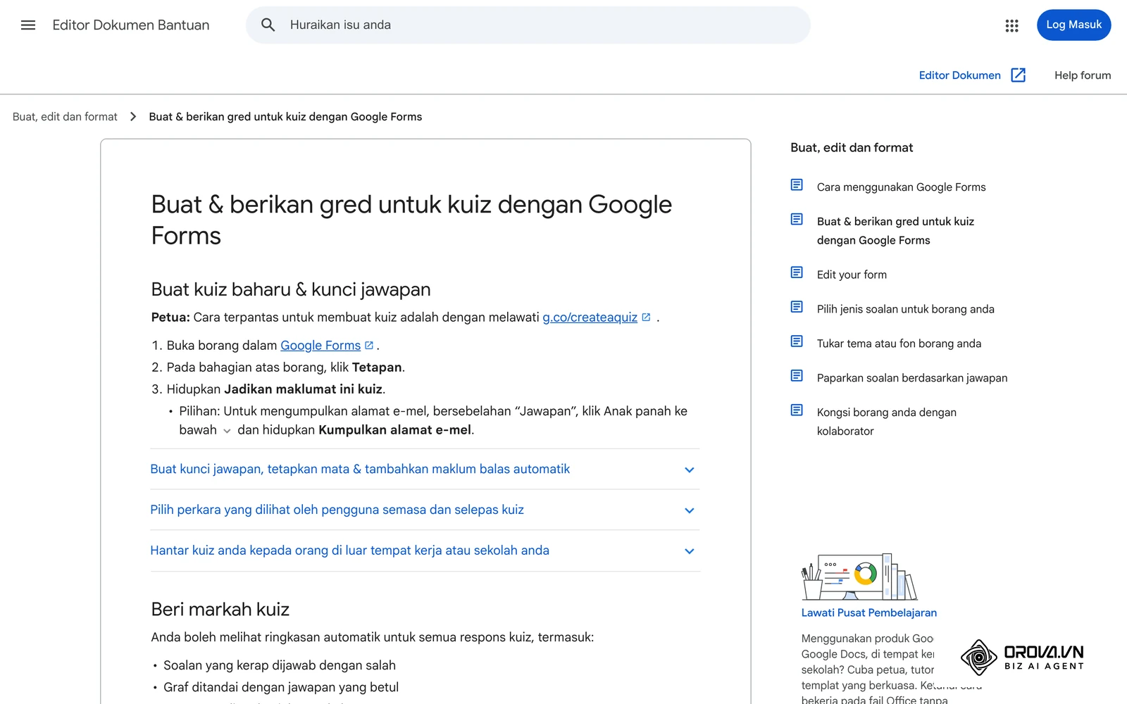 Halaman bantuan rasmi Google tentang cara membuat kuiz dengan Google Forms, boleh digunakan untuk menyusun borang penilaian latihan Aras 1 dan ujian Aras 2.