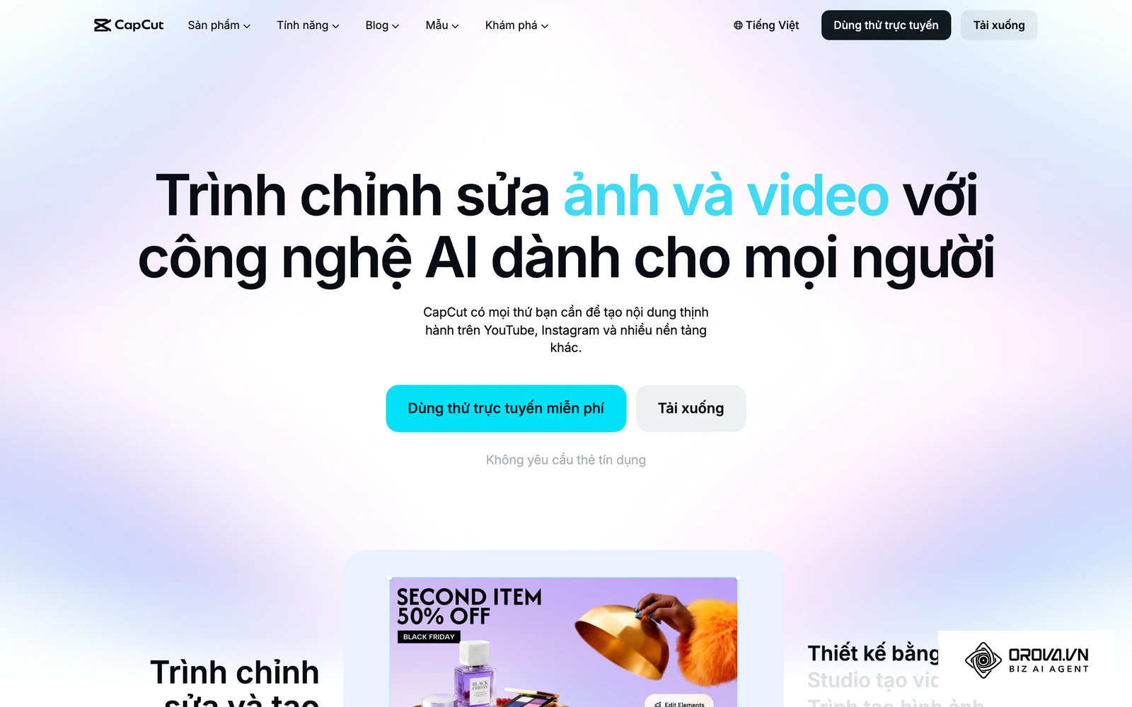 Trang chủ CapCut, một công cụ dựng video có tính năng AI thường dùng để làm nhanh nhiều biến thể video quảng cáo.
