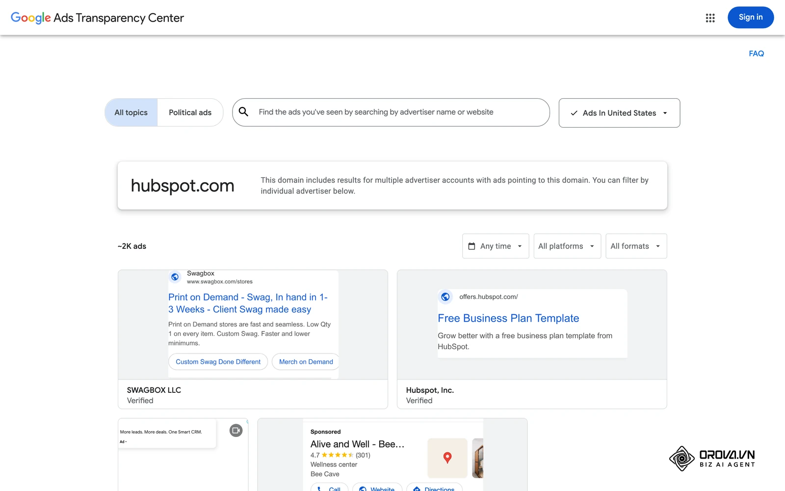 Ads Transparency Center results for a competitor domain (hubspot.com), listing ads that point to that domain with their headlines and landing pages, useful to study before you write ad copy.