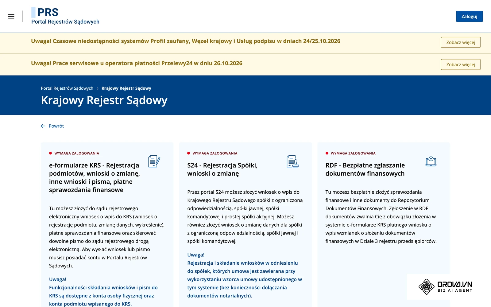 Portal Rejestrów Sądowych Ministerstwa Sprawiedliwości – strona Krajowego Rejestru Sądowego z usługami e-formularzy KRS, S24 i RDF.