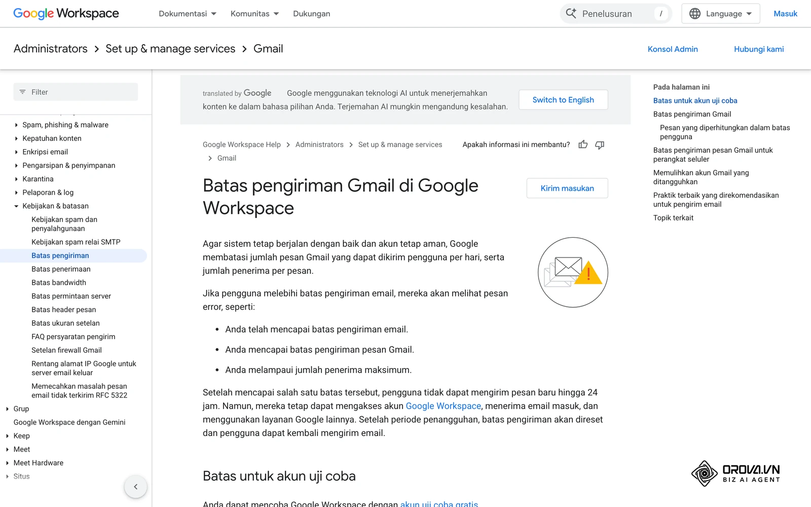 Halaman resmi Batas pengiriman Gmail di Google Workspace (Google Workspace Admin Help).