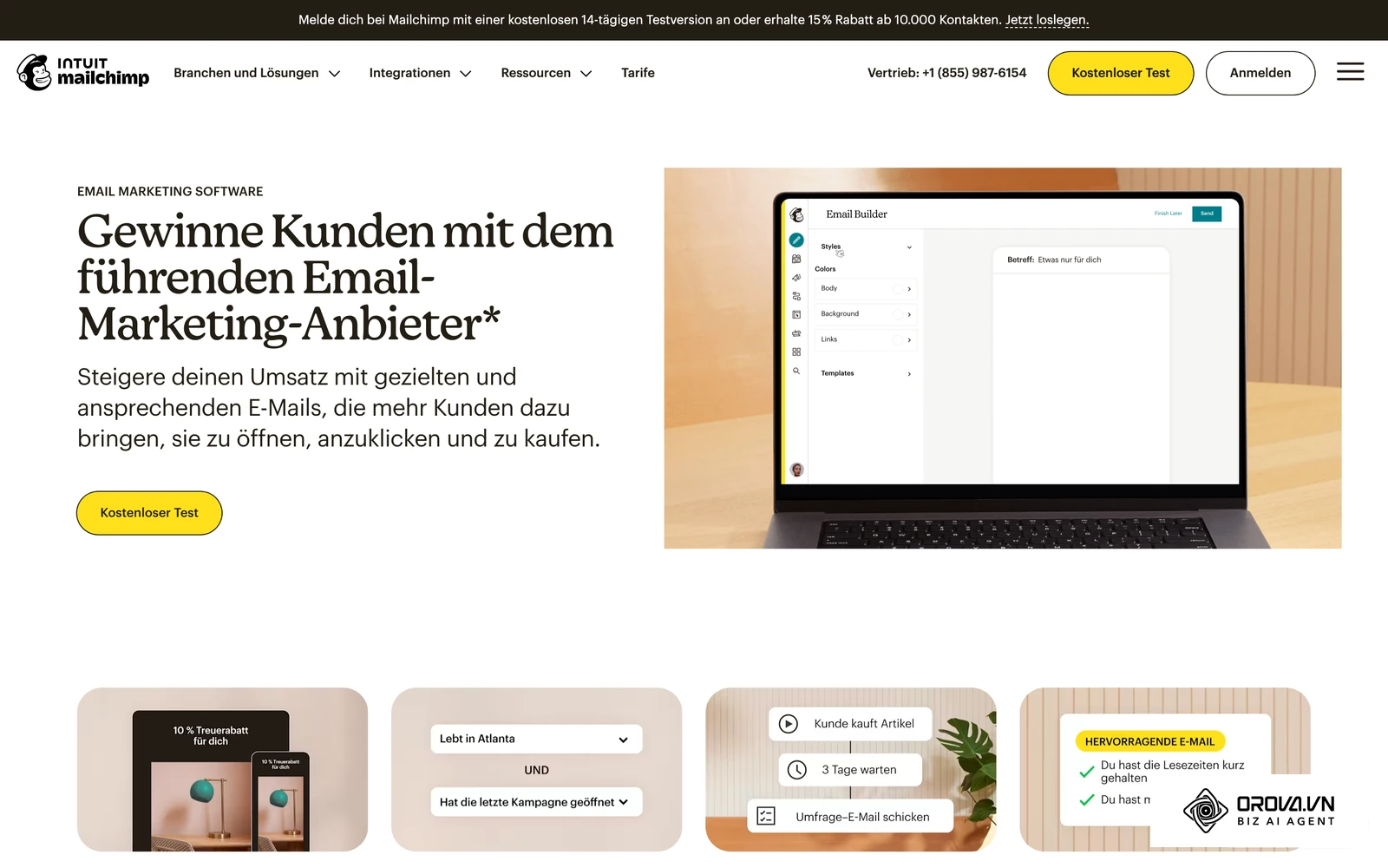Offizielle Funktionsseite von Mailchimp zum E-Mail-Marketing mit Ansicht des E-Mail-Builders.