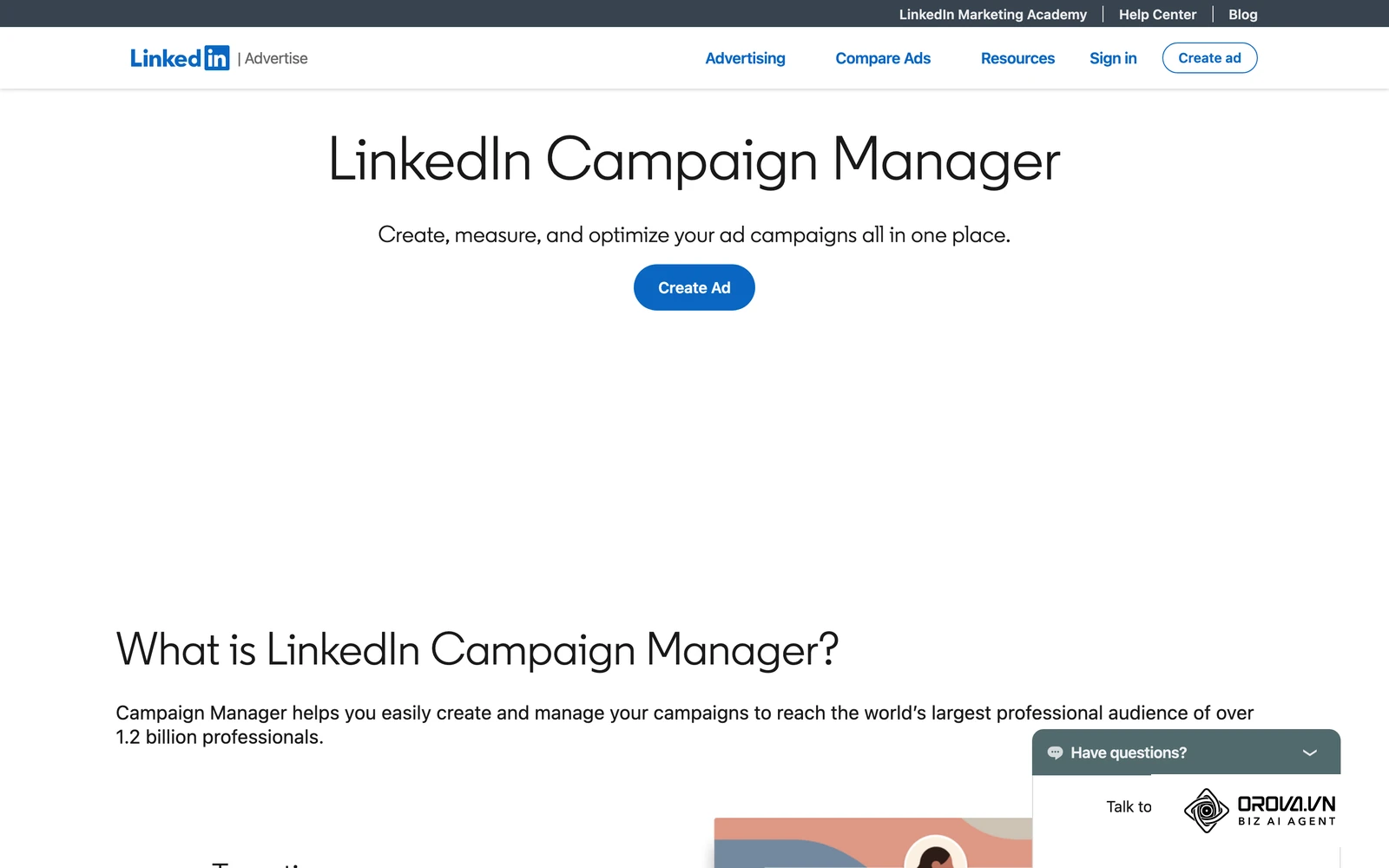 LinkedIn's official Campaign Manager page (archived copy) previewing the tool where you launch and monitor campaigns.