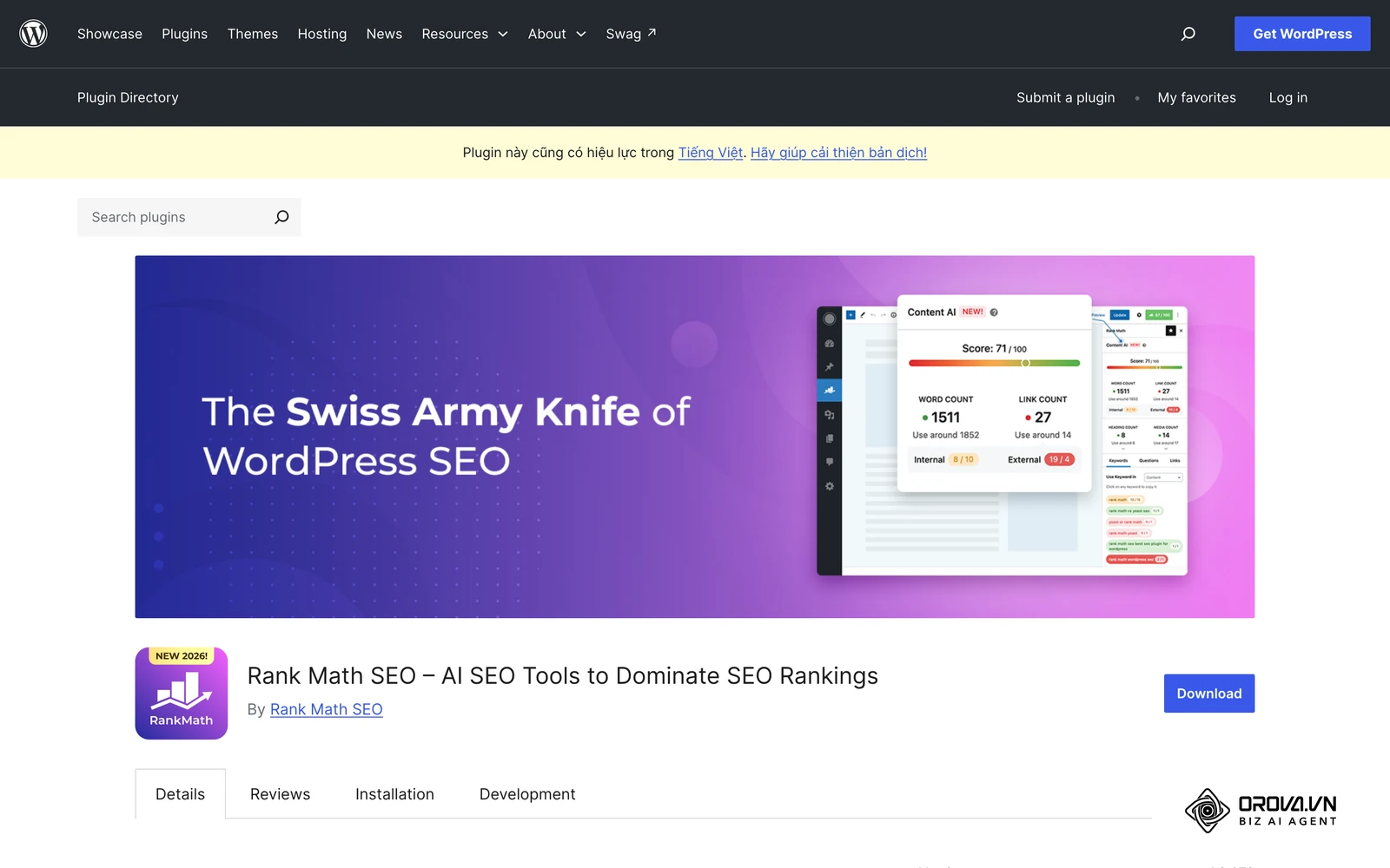 Trang plugin Rank Math trên thư viện WordPress.