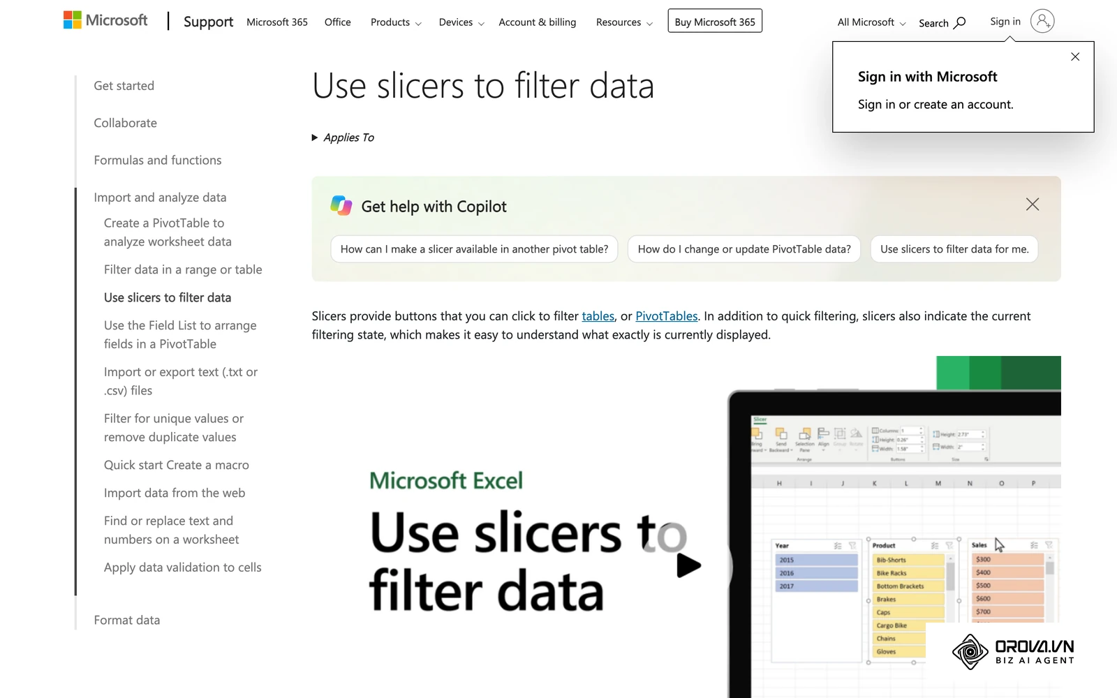 ទំព័រជំនួយផ្លូវការរបស់ Microsoft បង្ហាញ Slicer ក្នុង Excel ដែលជាប៊ូតុងចម្រាញ់ទិន្នន័យសំខាន់នៃ Excel dashboard