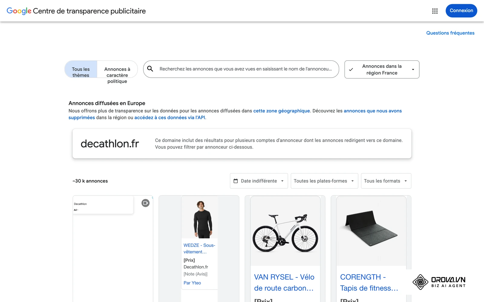 Annonces Google réellement diffusées en France pour un annonceur, consultables dans le Centre de transparence publicitaire de Google.