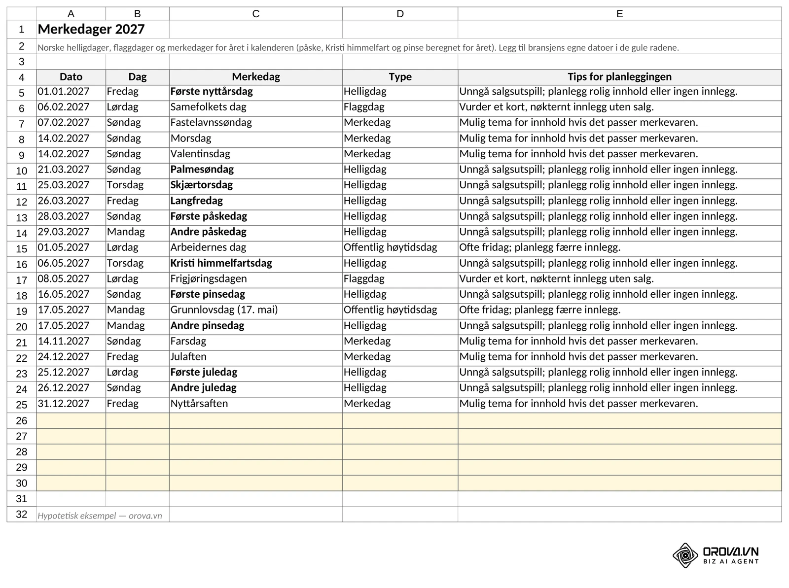 Arket Merkedager: norske helligdager, flaggdager og merkedager for 2027 med tips for planleggingen, og gule rader for egne datoer. Orova-mal.