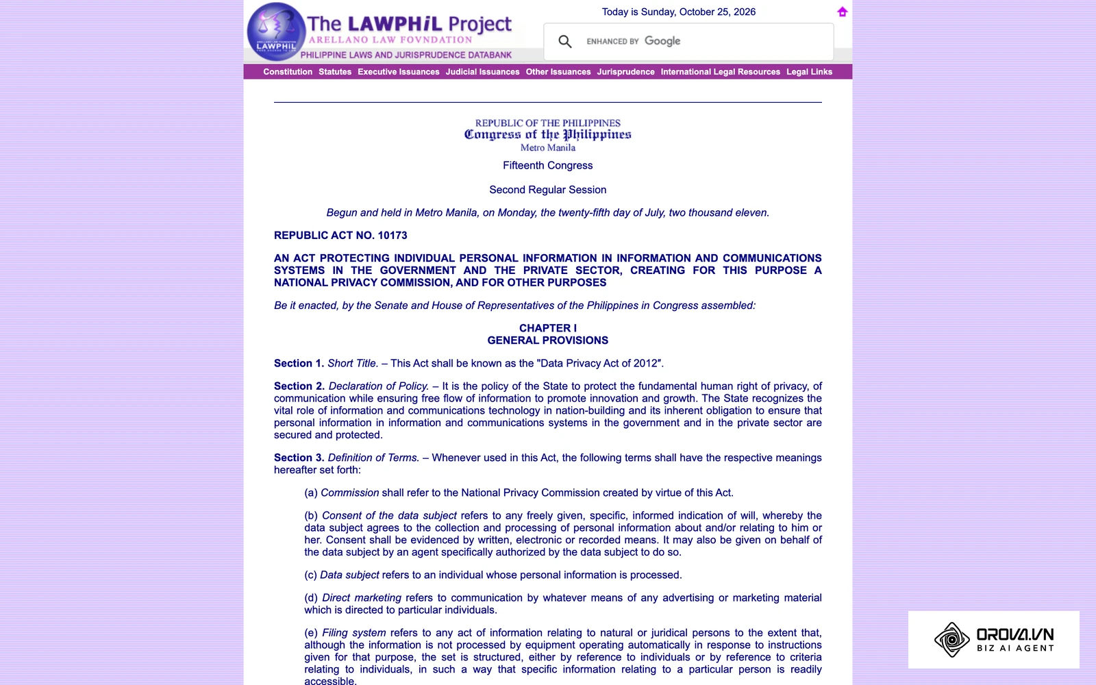 Ang teksto ng Data Privacy Act of 2012 (Republic Act No. 10173) sa Lawphil, ang batas na sumasaklaw sa personal na datos ng mga empleyado.