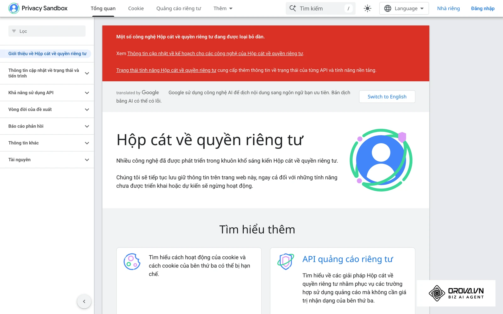 Trang Privacy Sandbox của Google về các thay đổi quanh cookie bên thứ ba và quảng cáo trên trình duyệt.