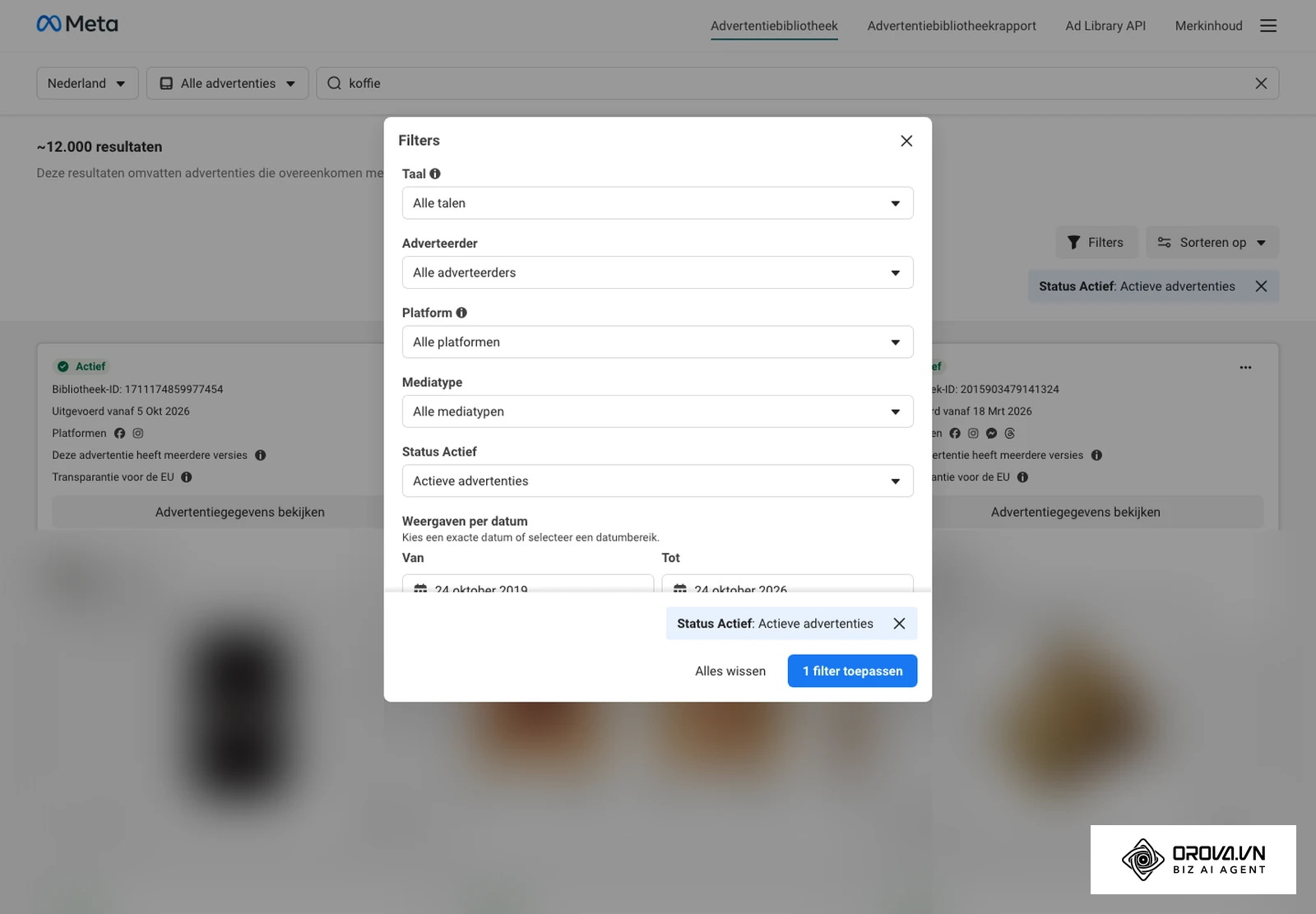 Het venster Filters in de Meta Ad Library: Taal, Adverteerder, Platform, Mediatype, Status Actief en Weergaven per datum (advertenties op de achtergrond vervaagd).