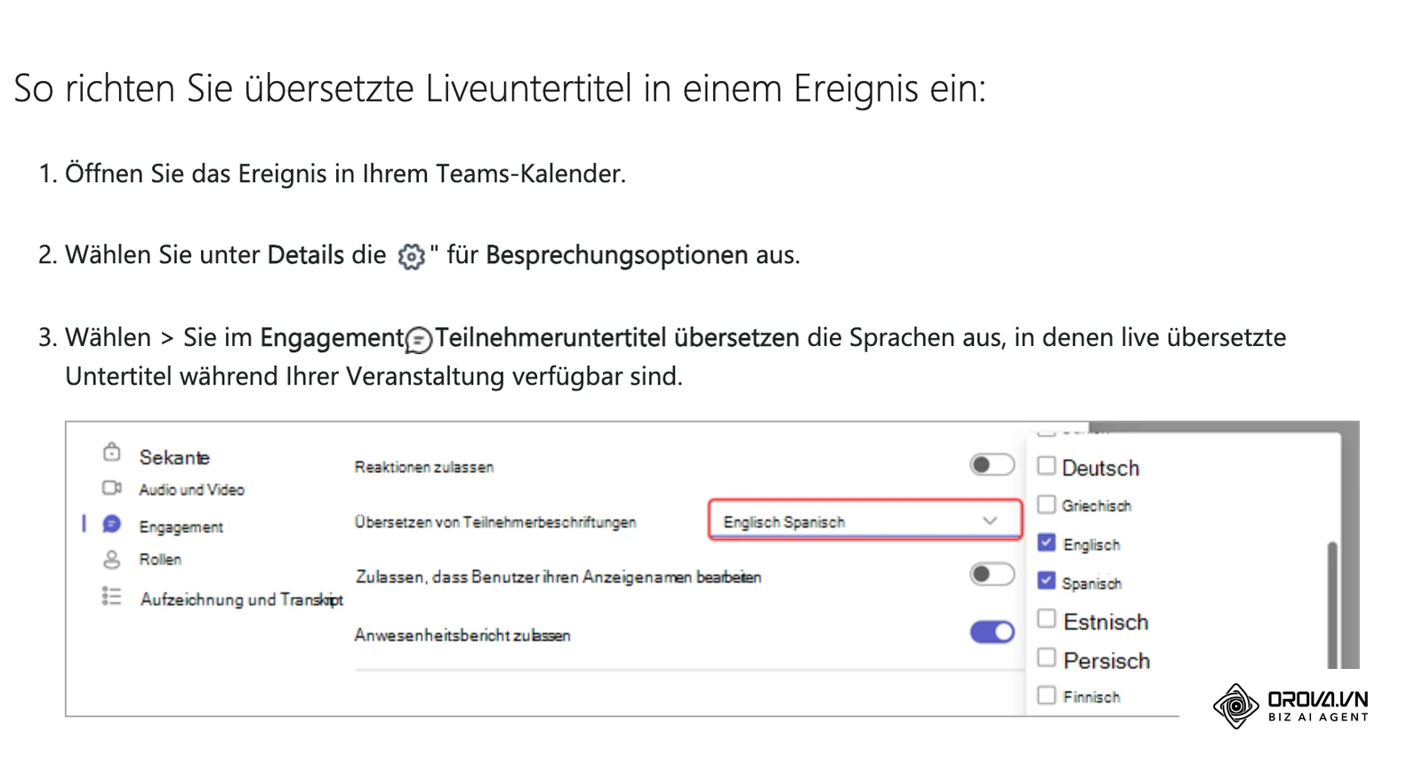 Ausschnitt der deutschen Microsoft-Hilfe: Besprechungsoptionen eines Teams-Ereignisses mit Engagement und Auswahl der Sprachen für übersetzte Teilnehmeruntertitel.