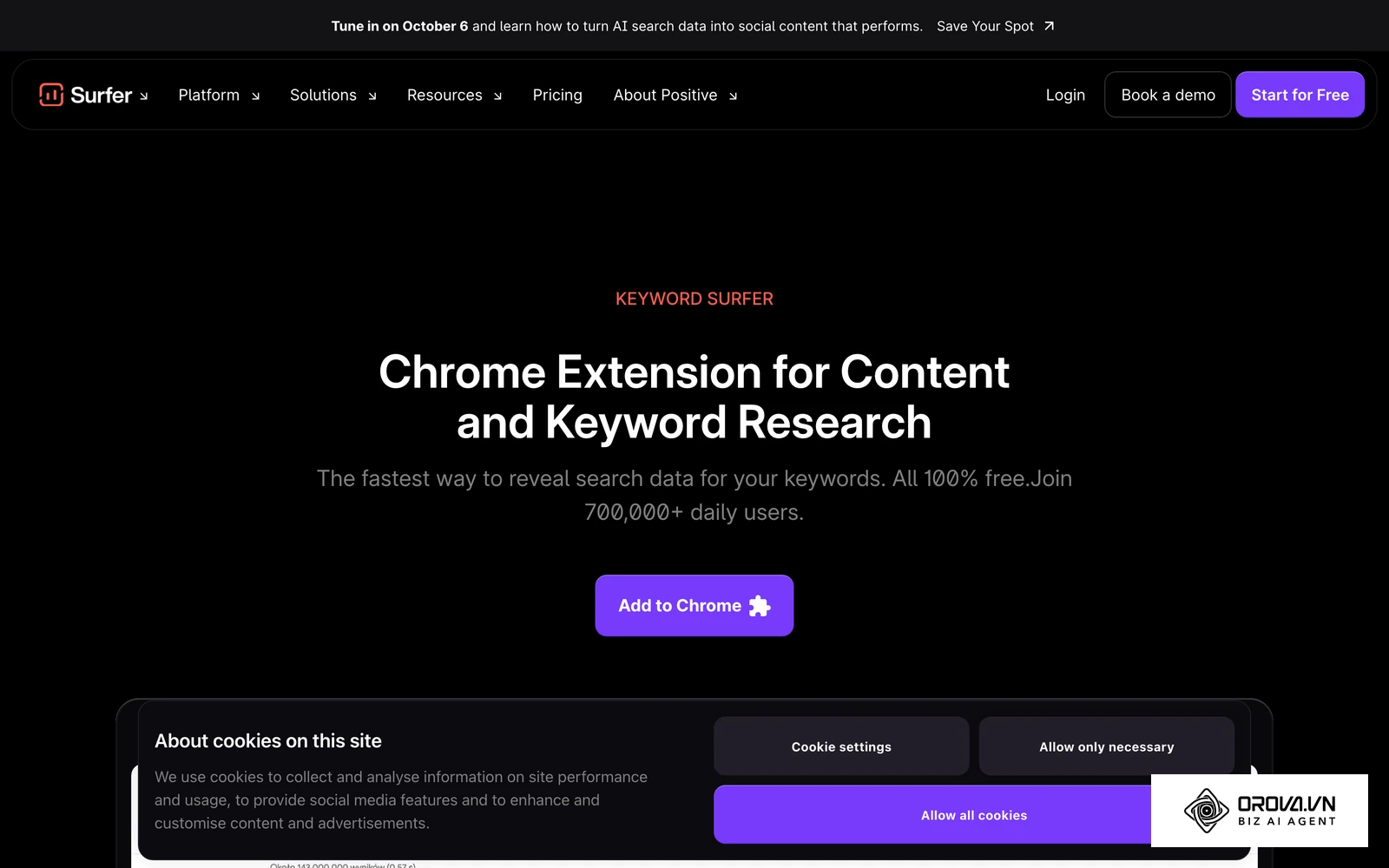 Trang giới thiệu tiện ích Keyword Surfer, hiển thị gợi ý từ khoá ngay cạnh kết quả Google.