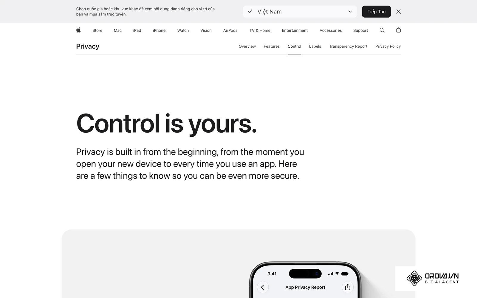 Trang quyền riêng tư của Apple, nơi giải thích việc người dùng iPhone kiểm soát theo dõi giữa các ứng dụng.