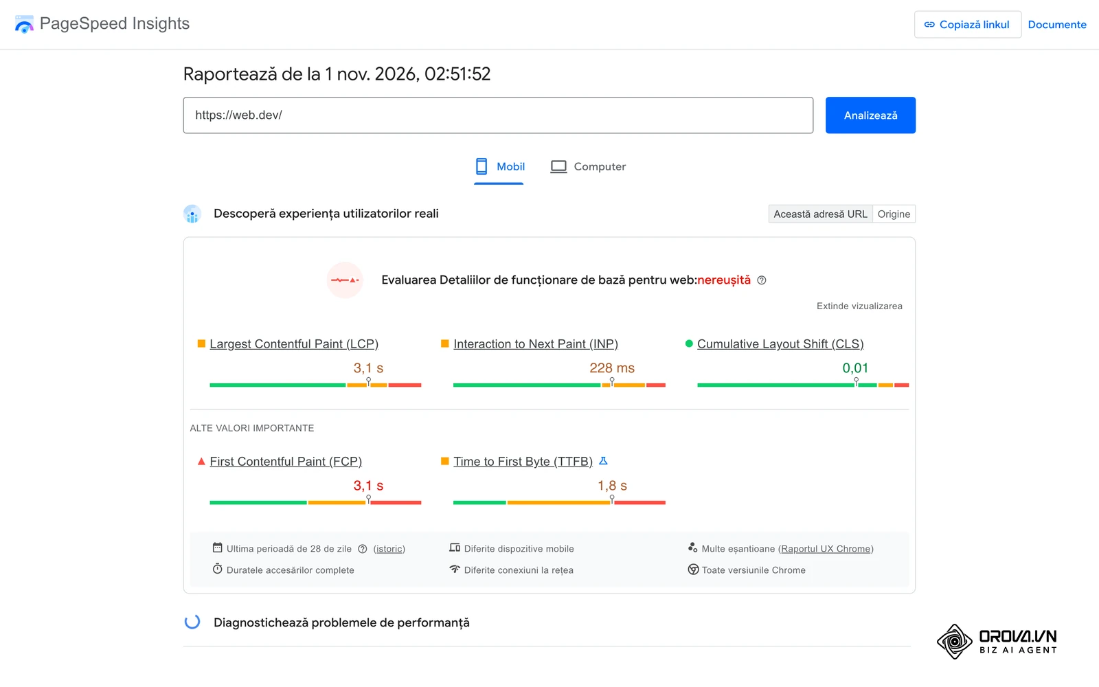 Raport PageSpeed Insights în limba română pentru web.dev, fila Mobil: secțiunea Descoperă experiența utilizatorilor reali cu verdictul Core Web Vitals, LCP, INP, CLS, FCP și TTFB.