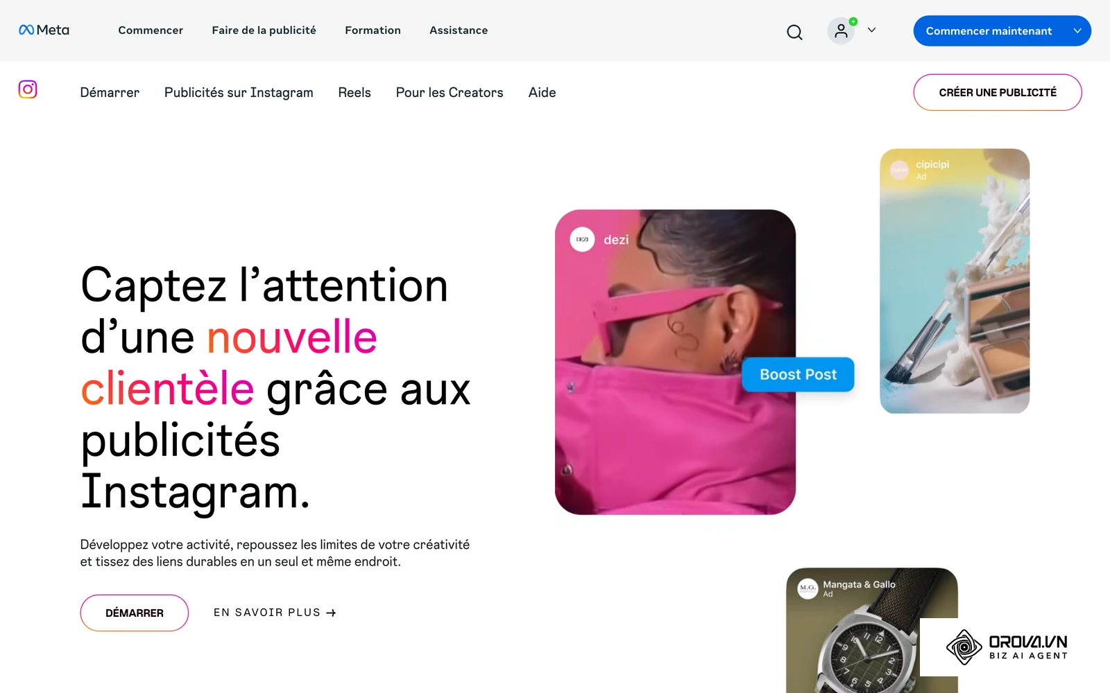 Page officielle Meta « Instagram pour les entreprises » : exemples de publications et de Reels de marques tels qu'ils s'affichent sur mobile.