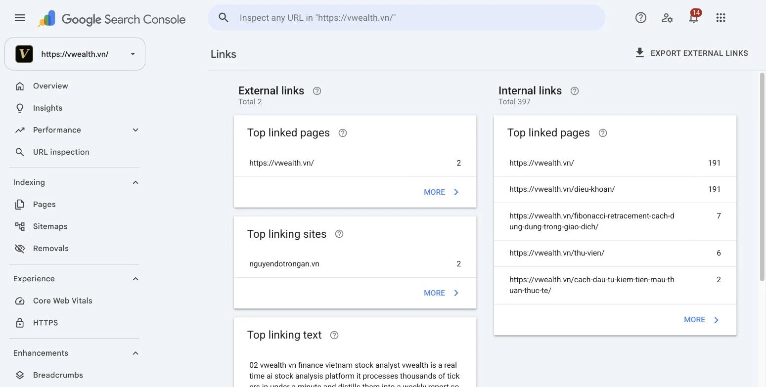 รายงาน Links ใน Google Search Console ของเว็บไซต์ vwealth.vn แยกการ์ด External links และ Internal links พร้อมตาราง Top linked pages
