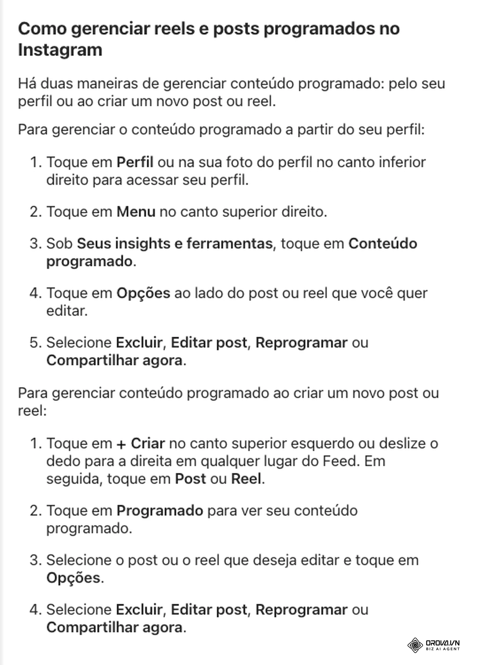 Central de Ajuda do Instagram em português: dois caminhos para gerenciar conteúdo programado, pelo perfil em Conteúdo programado ou pela tela Criar em Programado, com as opções Excluir, Editar post, Reprogramar e Compartilhar agora.