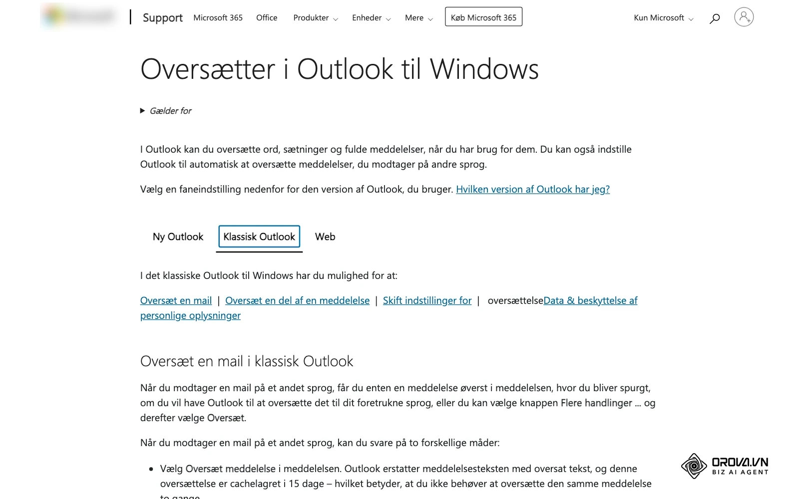Microsofts danske hjælpeside Oversætter i Outlook til Windows med fanen Klassisk Outlook og afsnittet Oversæt en mail i klassisk Outlook.