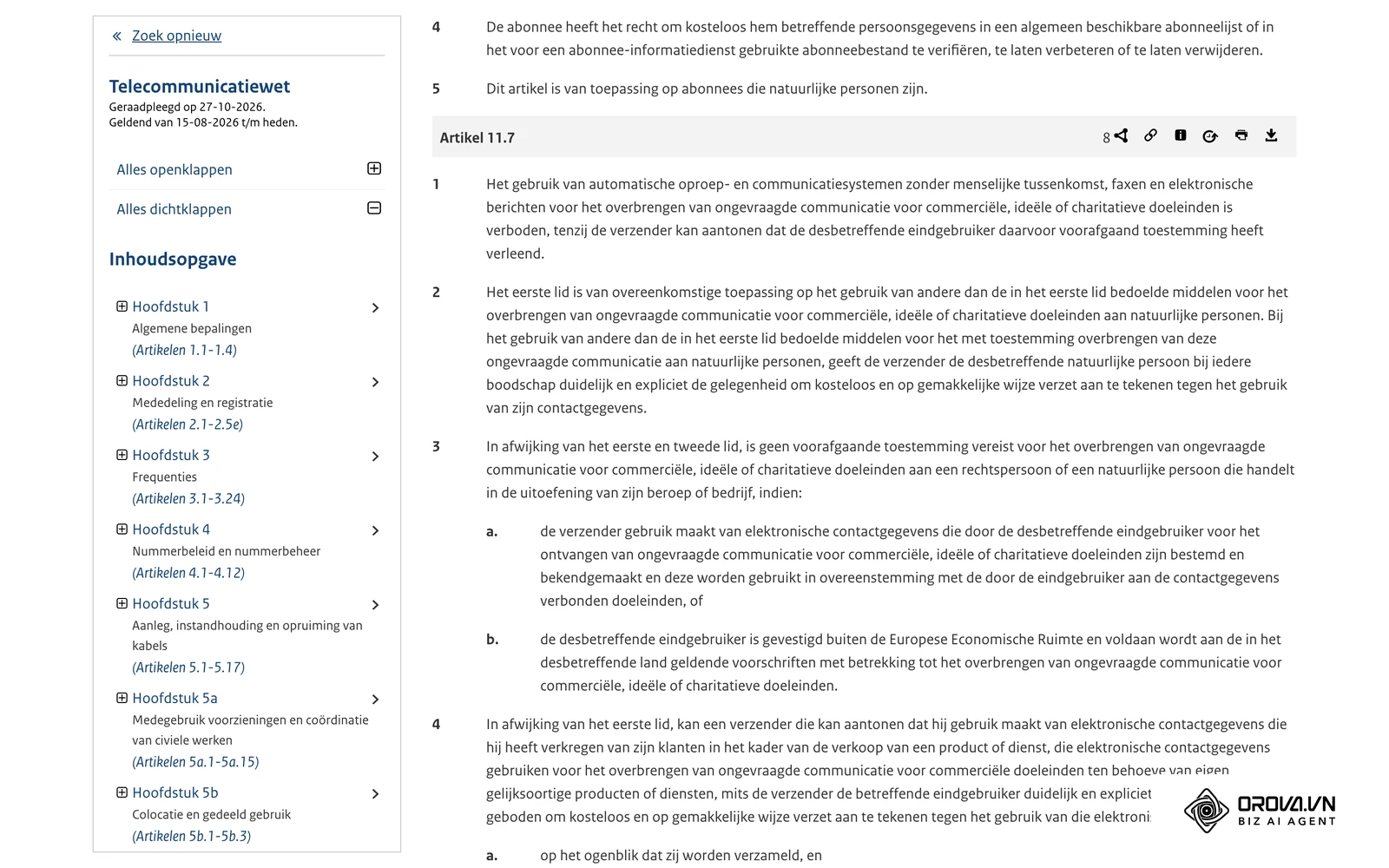 Artikel 11.7 Telecommunicatiewet op wetten.overheid.nl: de officiële tekst van het spamverbod en de uitzondering voor zakelijke ontvangers.