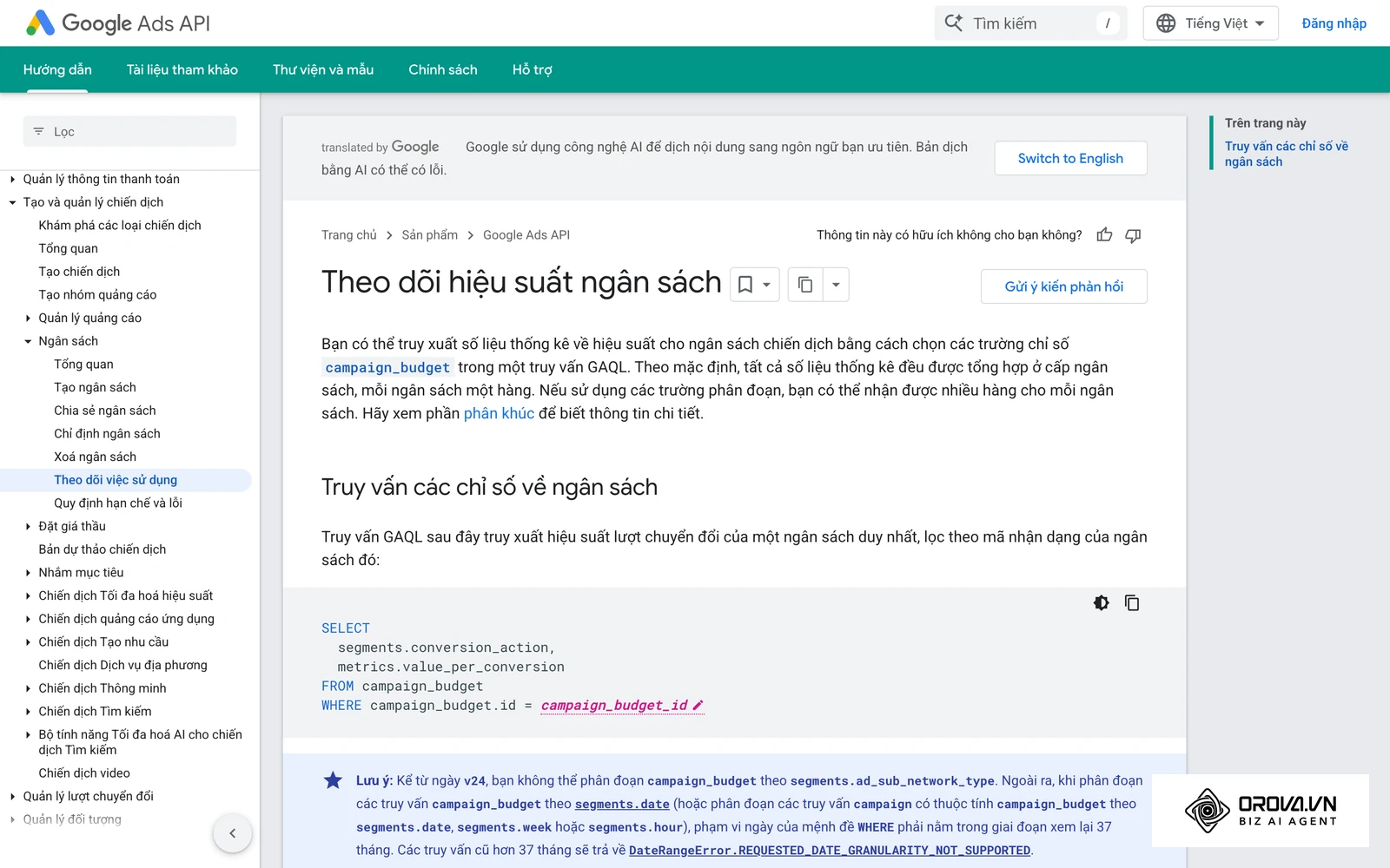 Tài liệu Google Ads về theo dõi mức sử dụng ngân sách chiến dịch, dữ liệu cần có trước khi quyết định tăng hay giảm tiền.