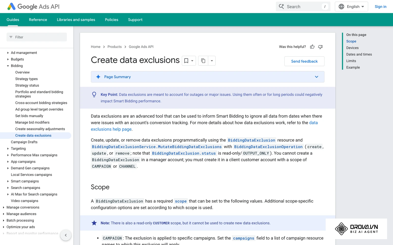 Google Ads API documentation on data exclusions, which tell Smart Bidding to ignore a window of broken conversion data.