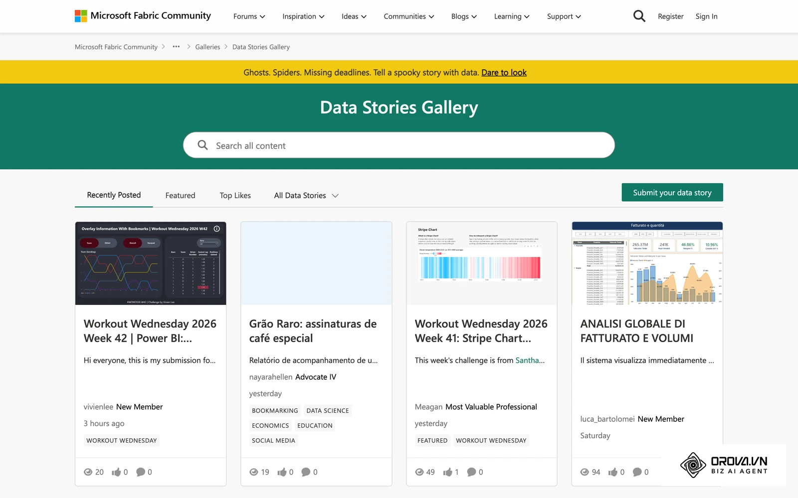 Galerie officielle « Data Stories » de la communauté Microsoft Fabric : rapports Power BI publiés par des utilisateurs.