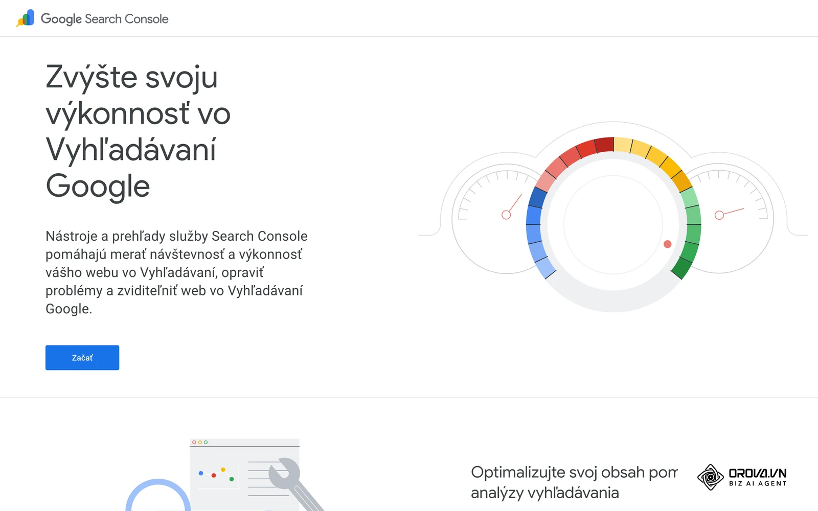 Oficiálna stránka služby Google Search Console s ukážkou prehľadov výkonu a indexácie webu.