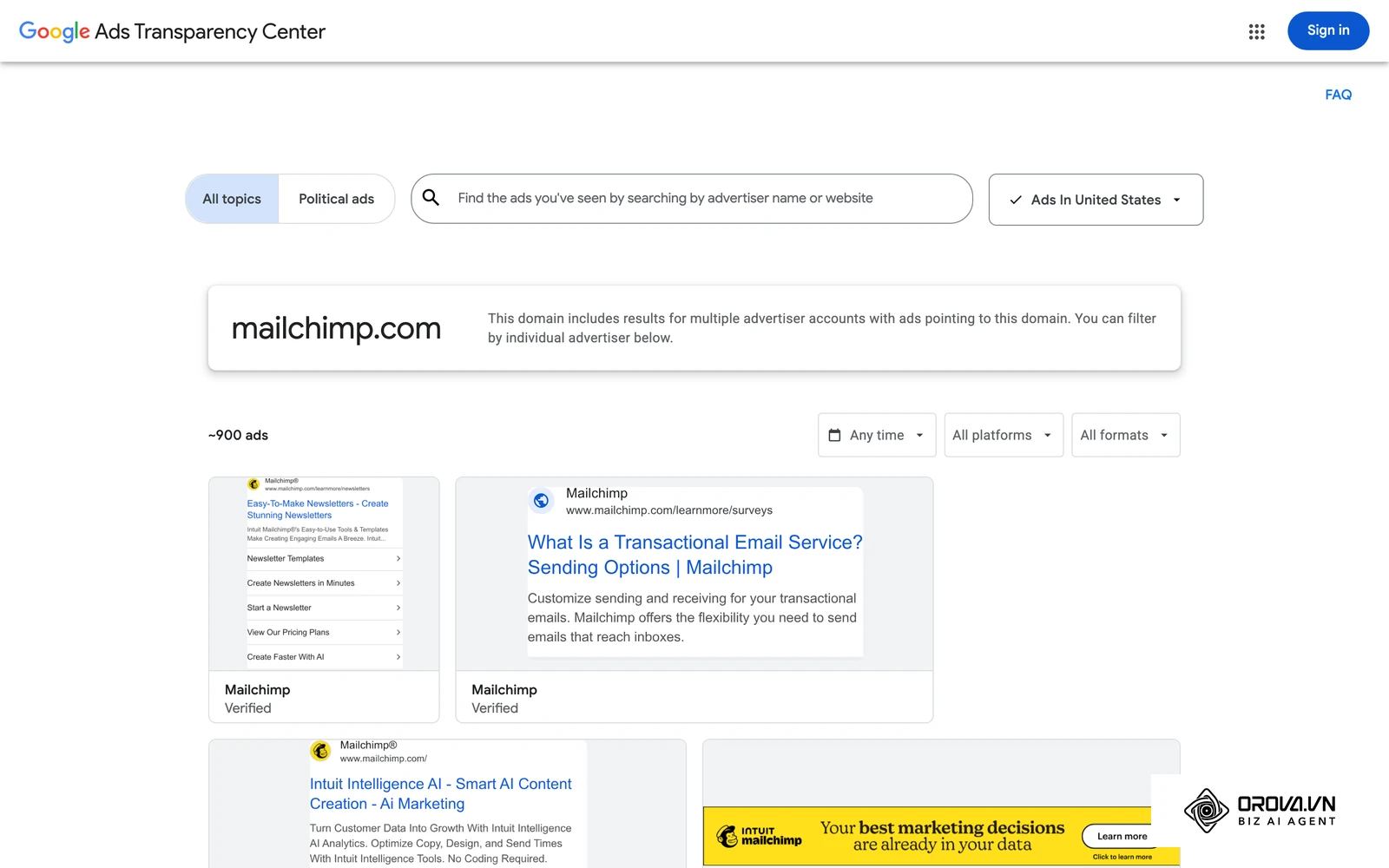 Real Google ads from one advertiser (Mailchimp), as listed publicly in the Google Ads Transparency Center.