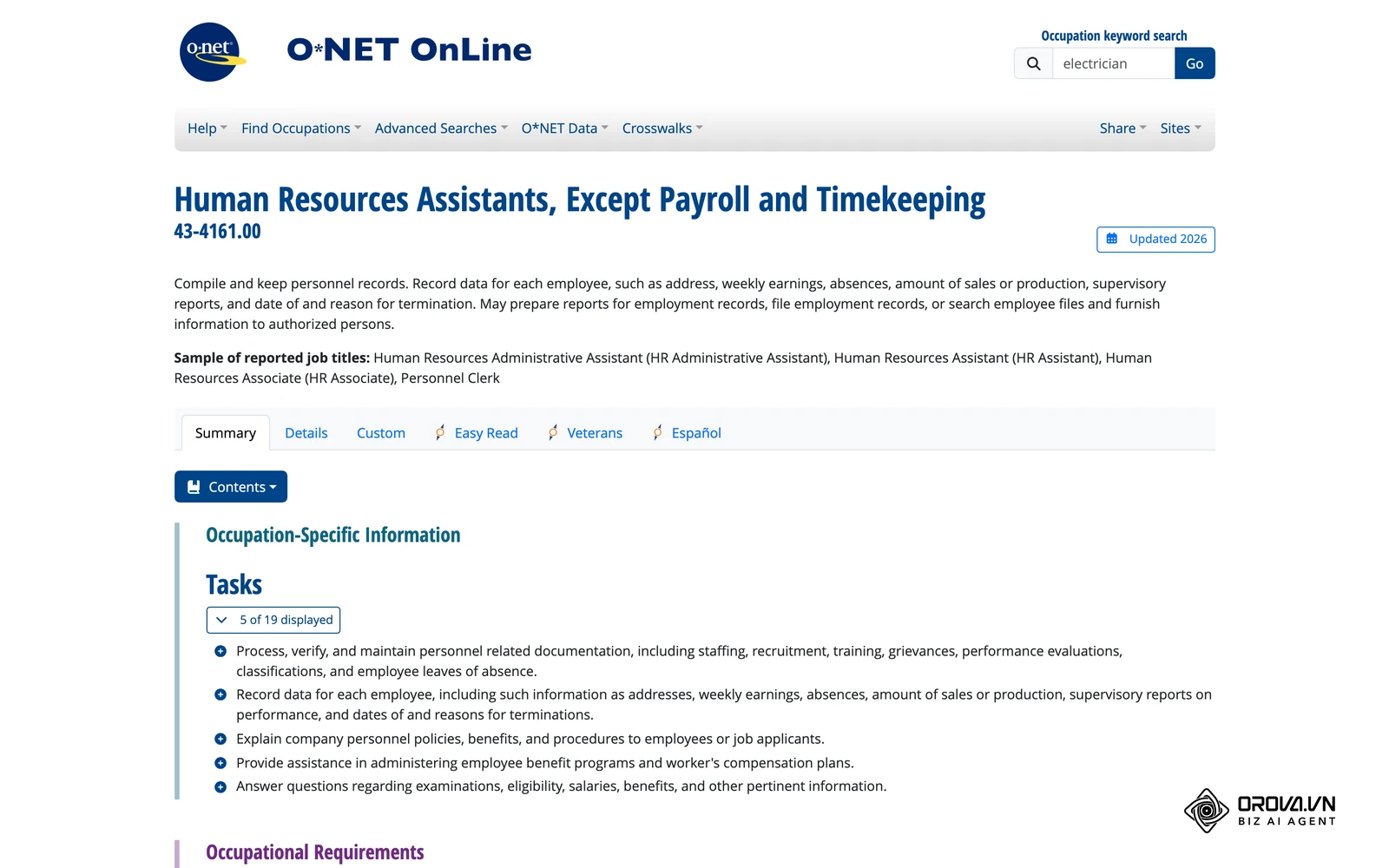 O*NET's occupation profile for HR assistants lists typical record-keeping and administrative HR tasks you can compare against your JD.