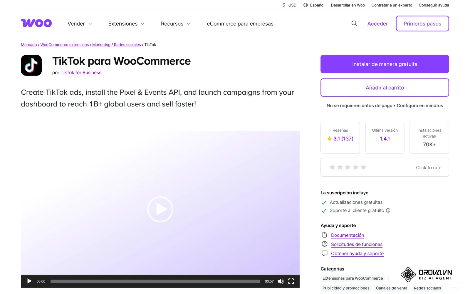 Ficha de la extensión TikTok para WooCommerce con píxel, API de eventos y catálogo