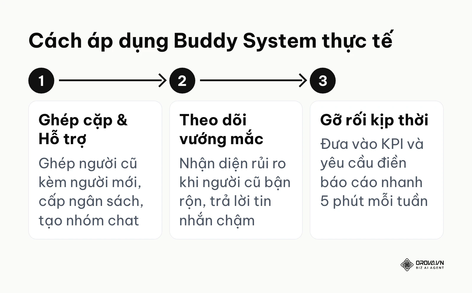 Quy trình 3 bước áp dụng và gỡ rối Buddy System cho nhân sự mới.