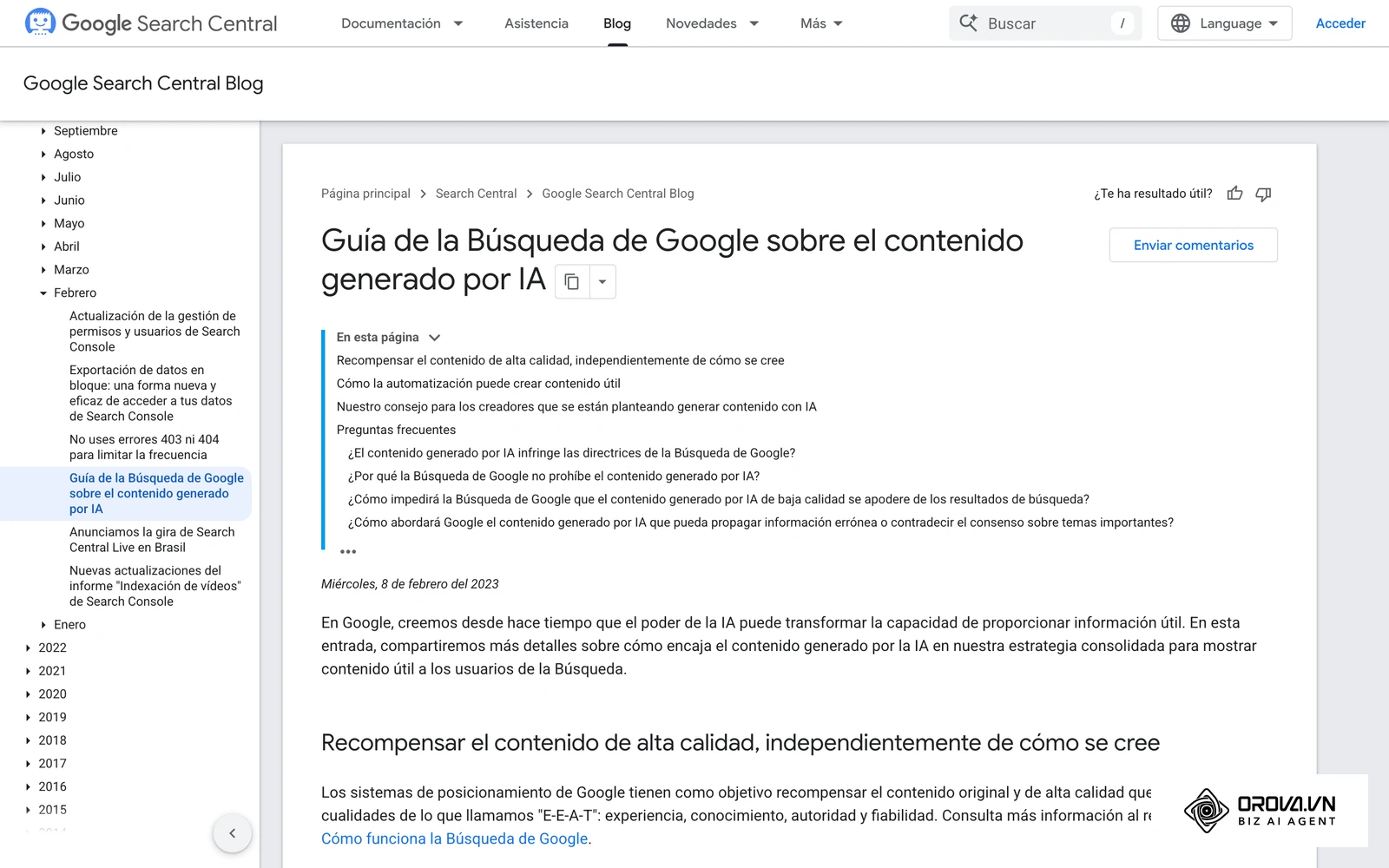 Guía oficial de Google Search Central (2023) sobre el contenido generado por IA: se evalúa la calidad, no la herramienta con la que se redacta.