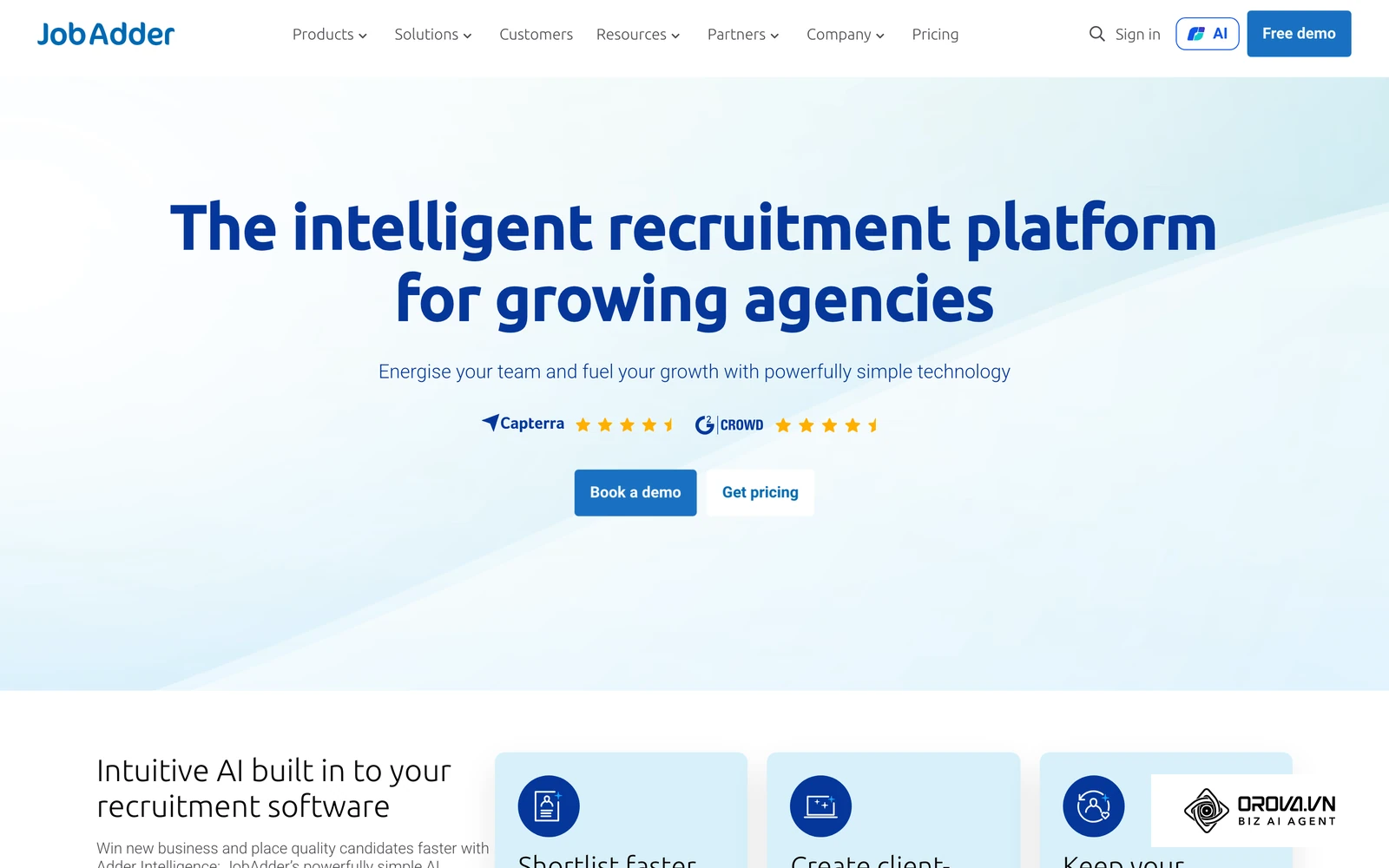 JobAdder's official homepage, which presents its recruitment software for agencies.