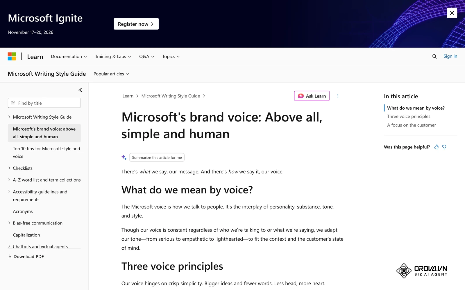 Microsoft Writing Style Guide công khai các nguyên tắc giọng văn, một dạng tài liệu nhóm nội dung có thể dùng làm mẫu tham khảo.